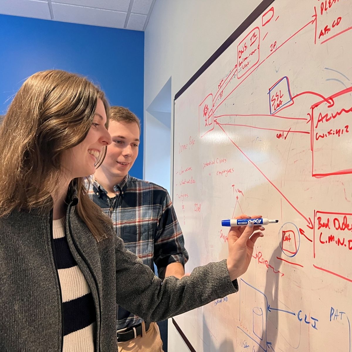 Meg, a brunette female software engineer, demonstrates a coding problem on a whiteboard using a blue expo marker. Clayton, a brunette data analyst, stands next to her. 